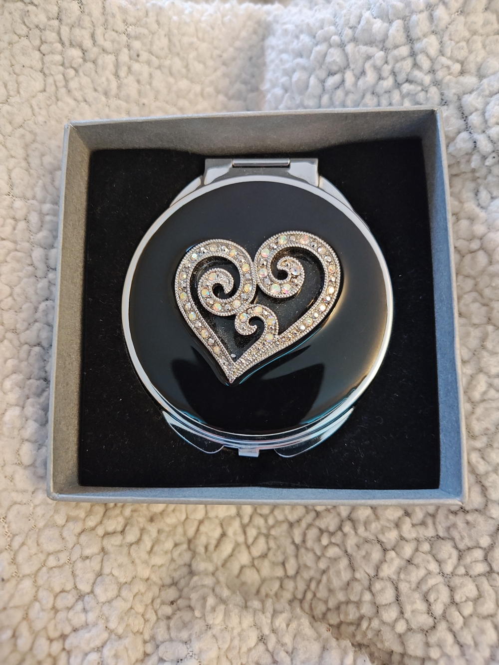 Black Compact Mirror with Crystal Heart Accent